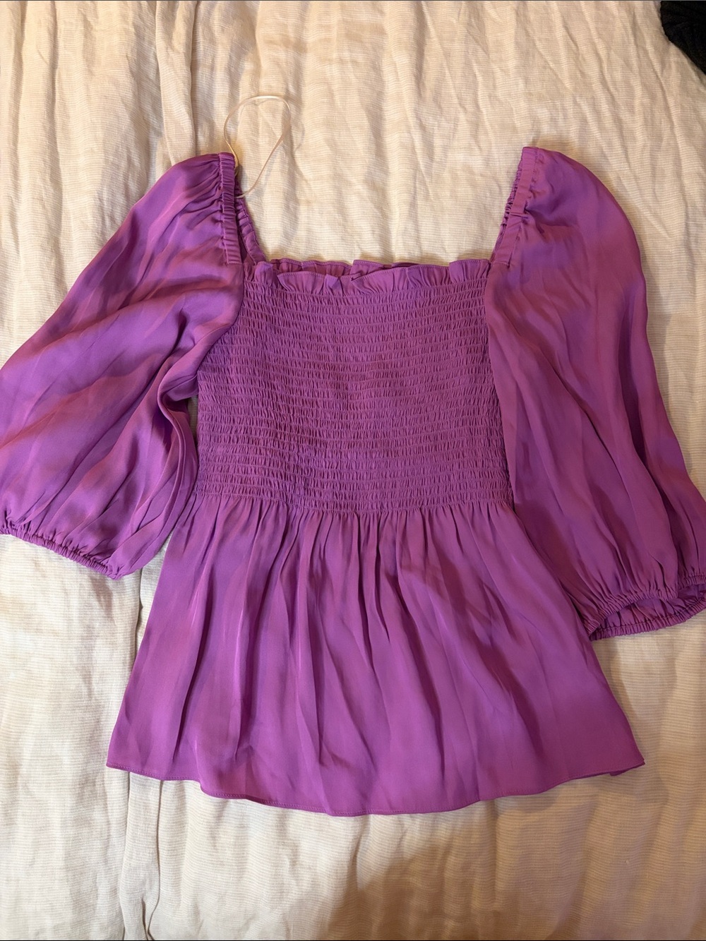 Trina Turk Lilac Smocked Puff-Sleeve Tunic Top